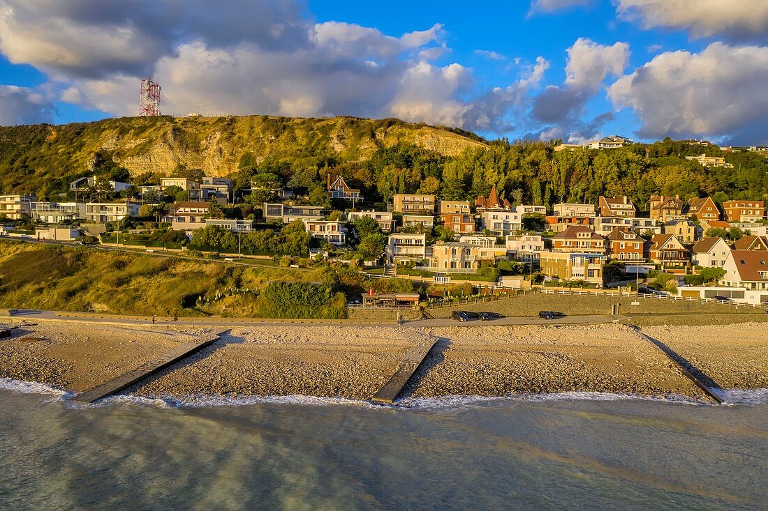 France, Seine Maritime, the town of Sainte-Adresse extends by the coast Le Havre, café and place said Le Bout du Monde towards the cap de la Hève(aerial view)