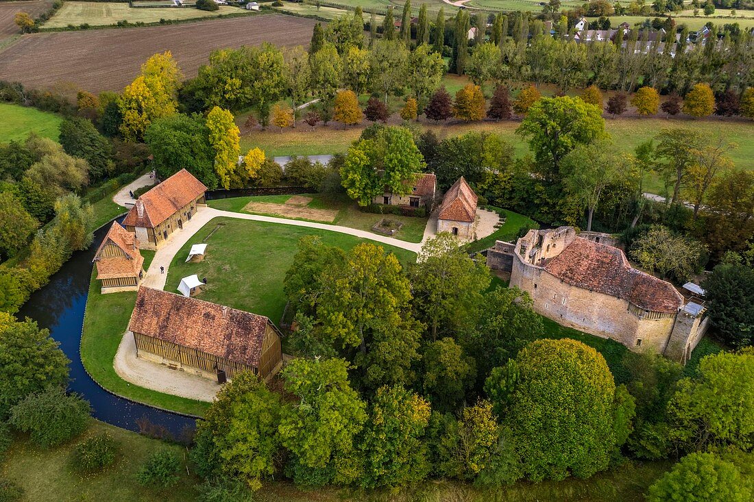 France, Calvados, Pays d'Auge, Crevecoeur en Auge castle and its dungeon, Schlumberger Museum Foundation (aerial view)