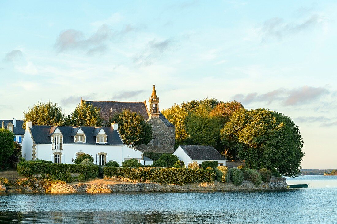 France, Morbihan, Belz, Saint-Cado island on Etel river at sunset