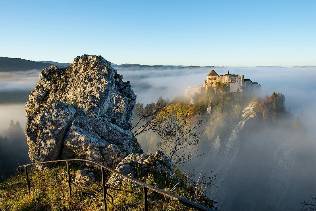 France, Doubs, Pontarlier, Cluse and Mijoux, the fort of Joux surrounded with fog seen by the fort of Larmont