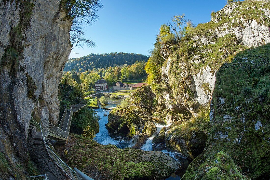 France, Jura, the losses of the river Ain with Village of Sirod