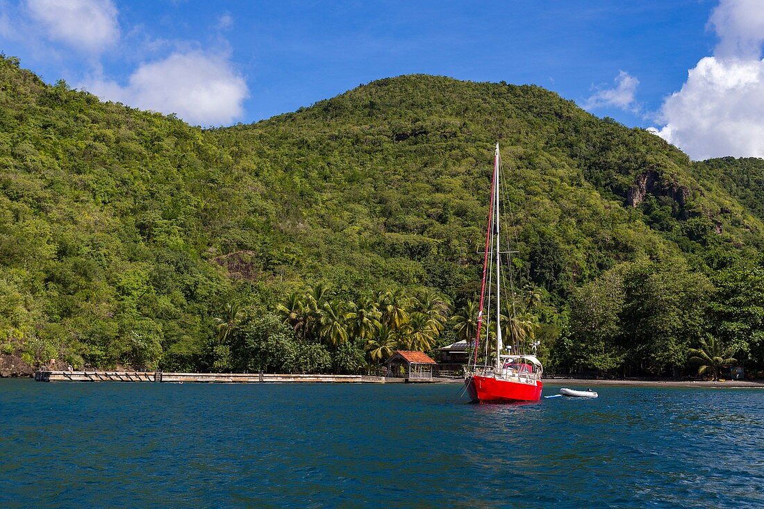 Martinique, Karibisches Meer, Black Cove mit Ponton und schwarzem Sandstrand, vor Anker ein rotes Segelboot