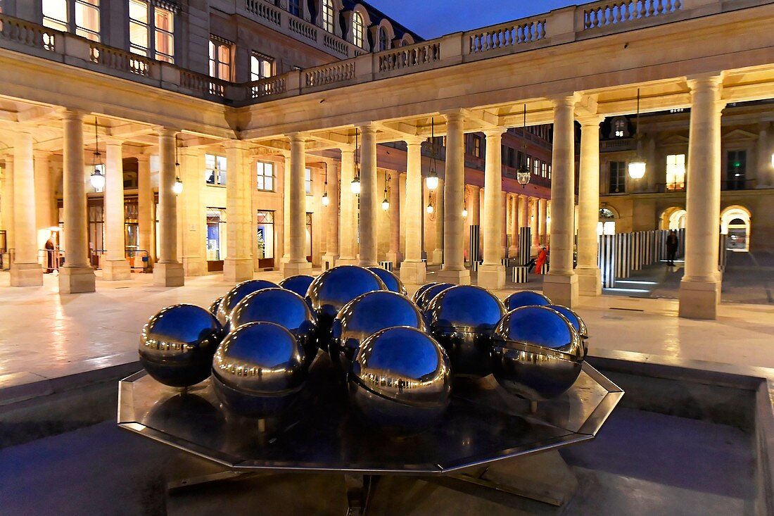 France, Paris, Palais Royal (Royal Palace), the fountains of metallic spheres by sculptor Pol Bury