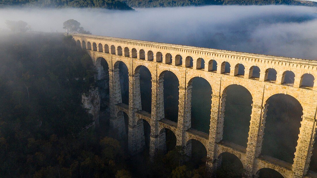 France, Bouches du Rhone, Aix-en-Provence, Ventabren, Marseille Canal, Roquefavour aqueduct (19th century), listed as a Historic Monument (aerial view)
