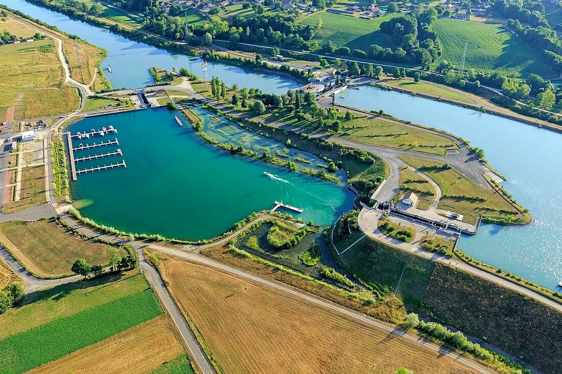 France, Ain, Brens, Centrale and locks of Brens Virignin on the Rhone diversion channel (aerial view)