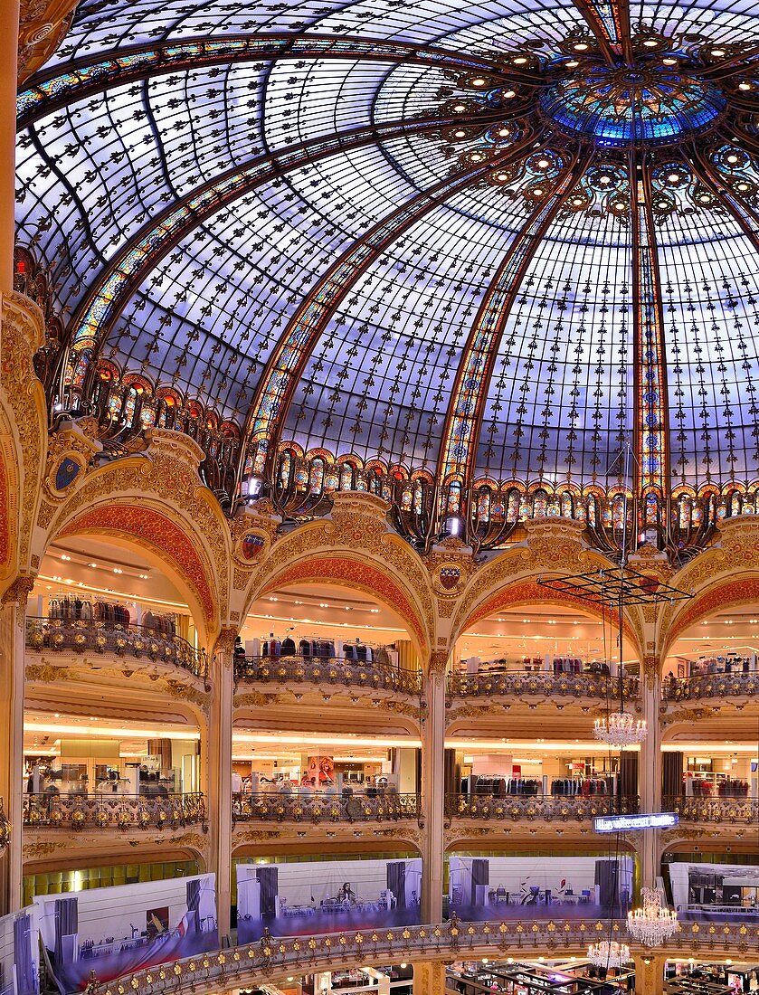 France, Paris, the Galeries Lafayette department store on boulevard Haussmann, glass roof of the dome
