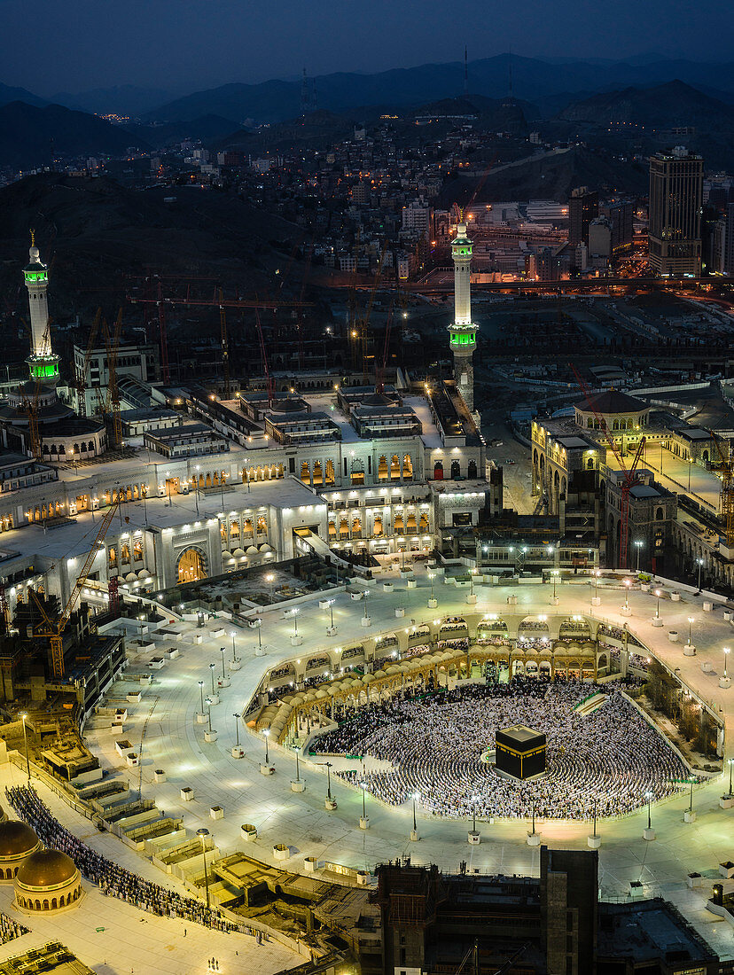 Die jährliche islamische Pilgerreise der Hajj nach Mekka, Saudi-Arabien, der heiligsten Stadt der Muslime, Luftaufnahme