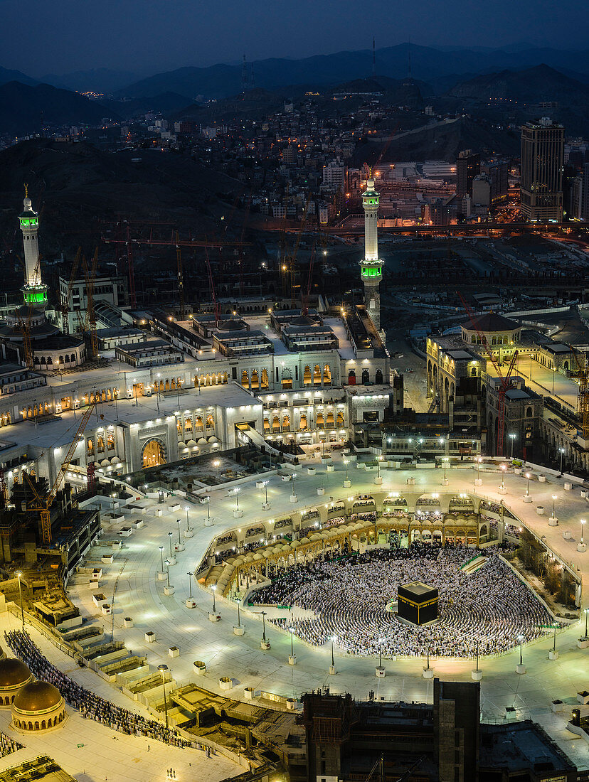 The Hajj annual Islamic pilgrimage to Mecca, Saudi Arabia, the holiest city for Muslims. Aerial view.