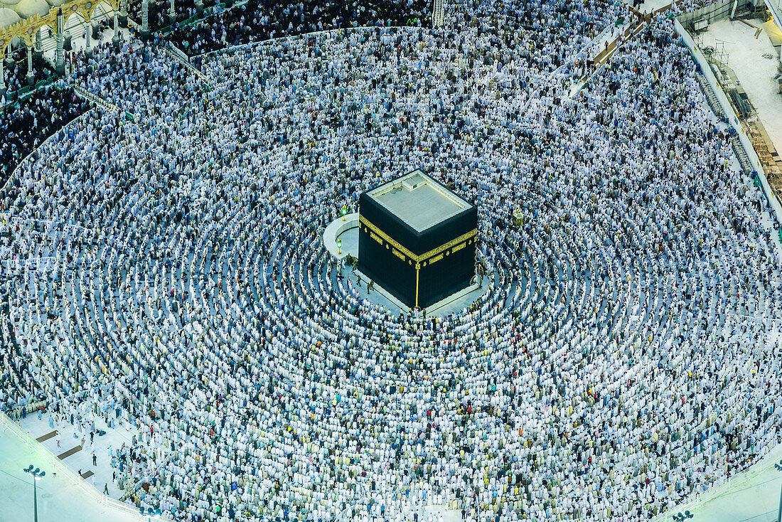 The Hajj annual Islamic pilgrimage to Mecca, Saudi Arabia, the holiest city for Muslims. Aerial view.