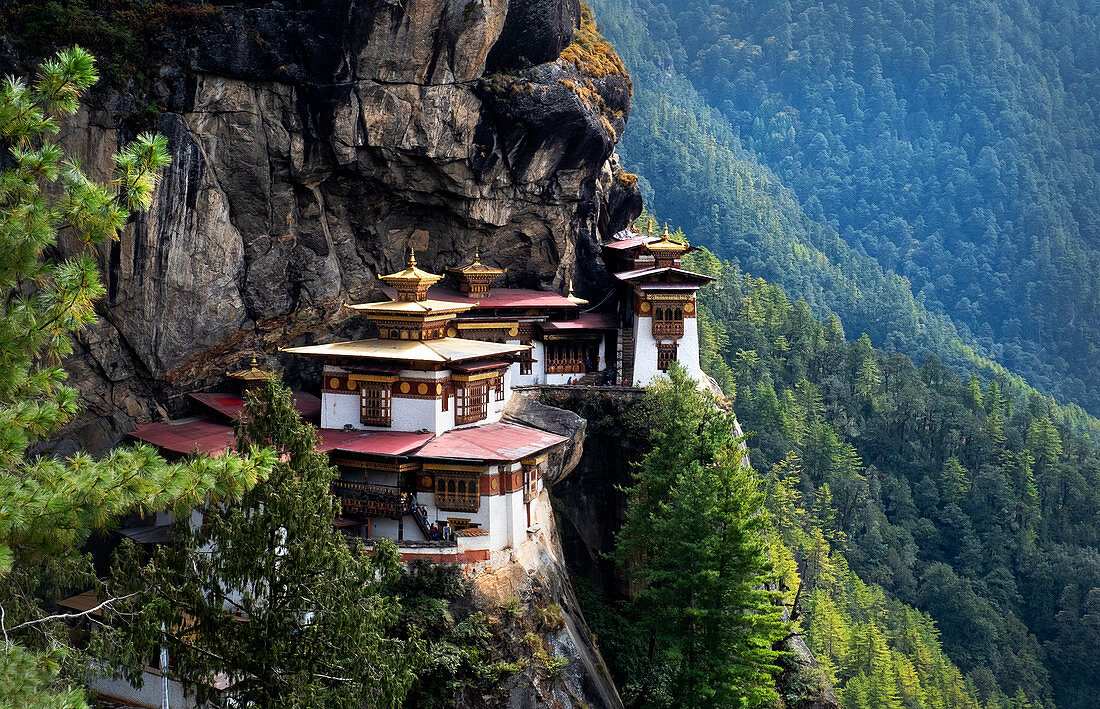 Tiger's Nest Monastery, a sacred Vajrayana Himalayan Buddhist site located in the upper Paro valley in Bhutan, Asia