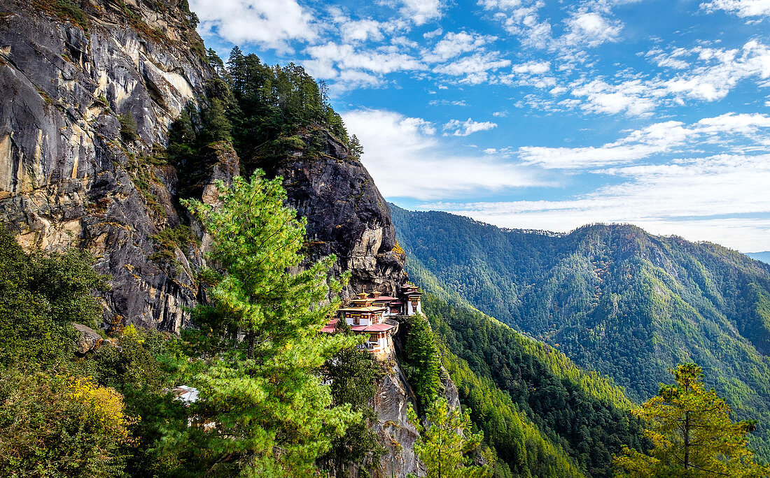 Tiger's Nest Monastery, a sacred Vajrayana Himalayan Buddhist site located in the upper Paro valley, Bhutan, Asia