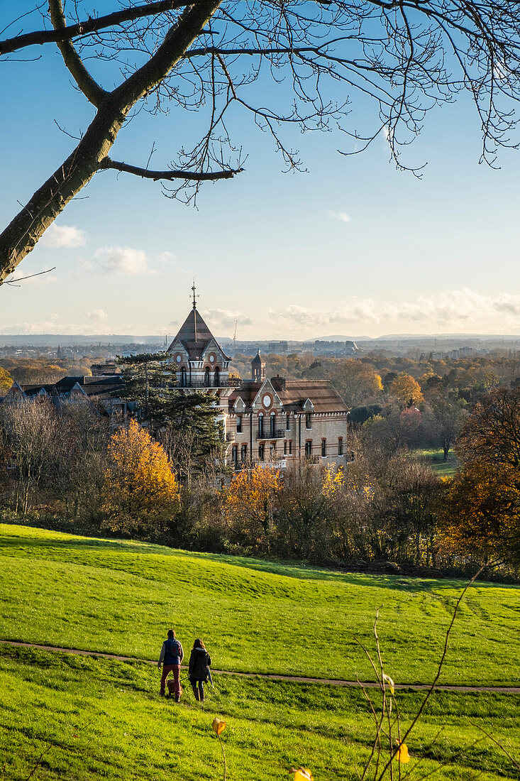 View across Terrace Field and Petersham Meadows to the River Thames, with woodland, and public footpath in autumn, Richmond Hill, London, England, United Kingdom, Europe