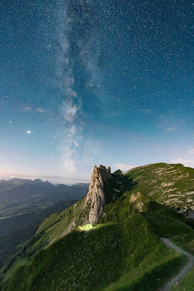 Milky Way in the starry sky over Saxer Lucke mountain, aerial view, Appenzell Canton, Alpstein Range, Switzerland, Europe