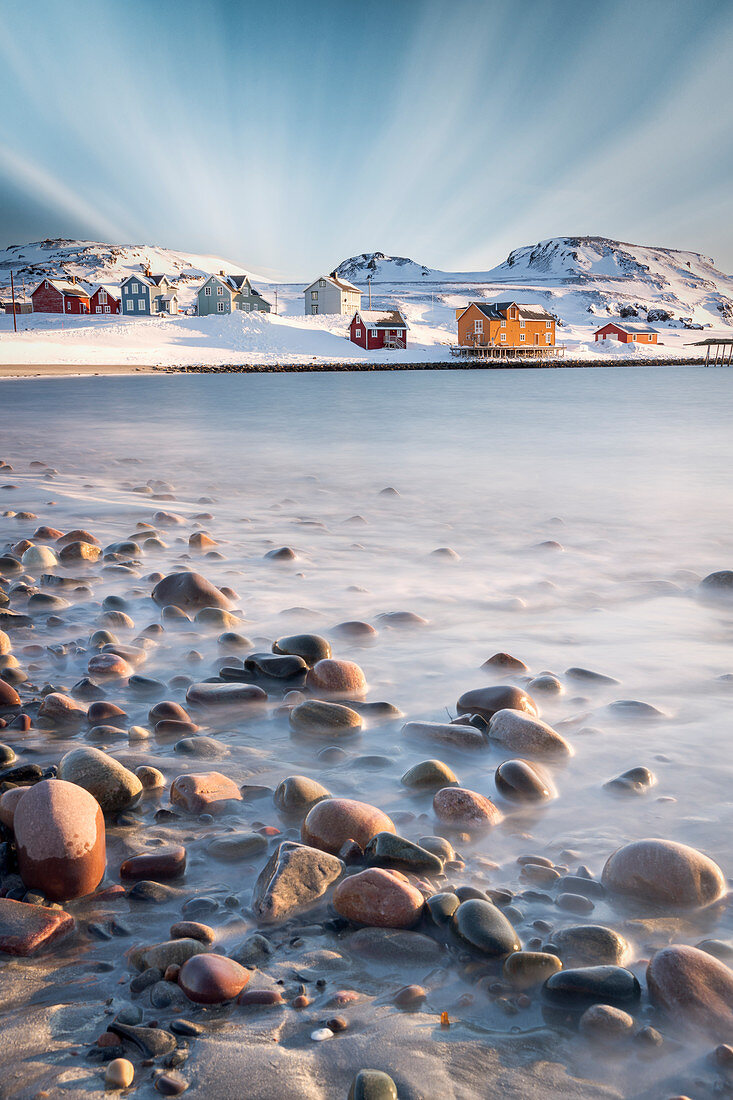 Clouds over waves of the icy sea, Veines, Kongfjord, Varanger Peninsula, Troms og Finnmark, Norway, Scandinavia, Europe