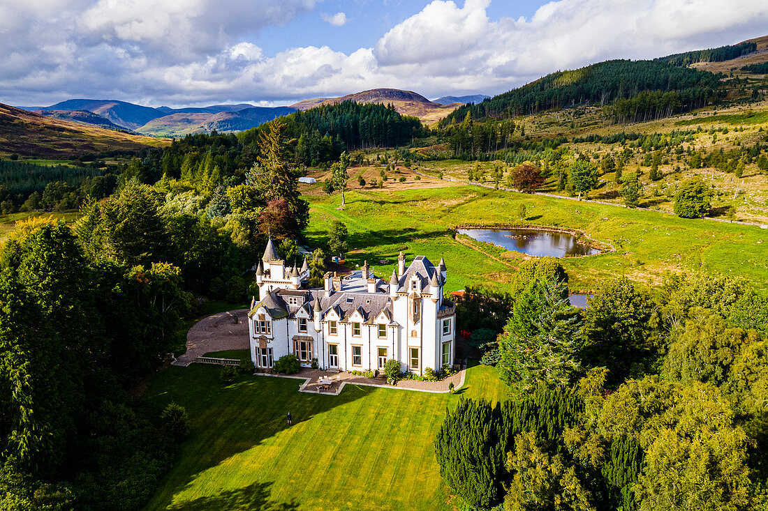 Aerial of Dalnaglar Castle, Glenshee, Perthshire, Scotland, United Kingdom, Europe