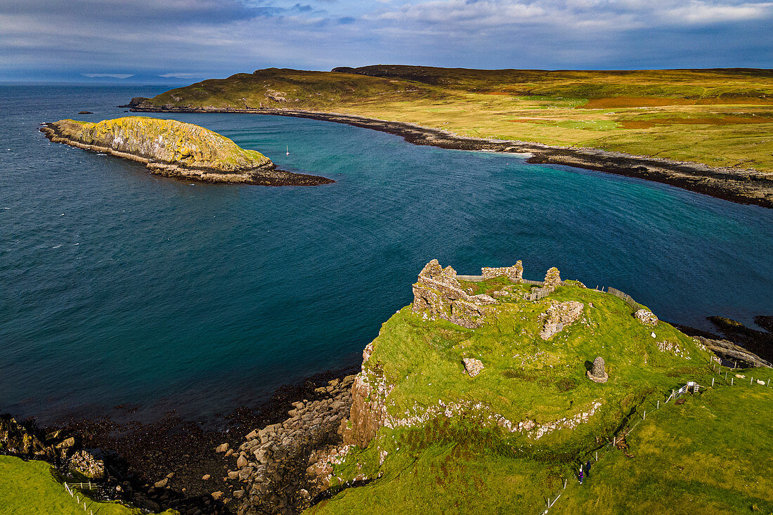 Aerial of Duntulm Castle, Isle of Skye, Inner Hebrides, Scotland, United Kingdom, Europe