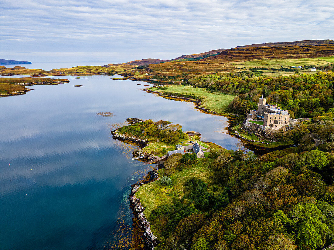 Aerial of Dunvegan Castle, Isle of Skye, Inner Hebrides, Scotland, United Kingdom, Europe