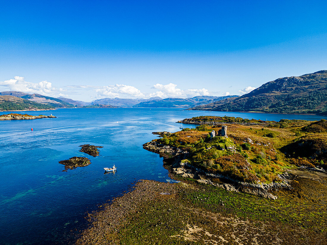Aerial of Caisteal Maol, Kyleakin, Isle of Skye, Inner Hebrides, Scotland, United Kingdom, Europe