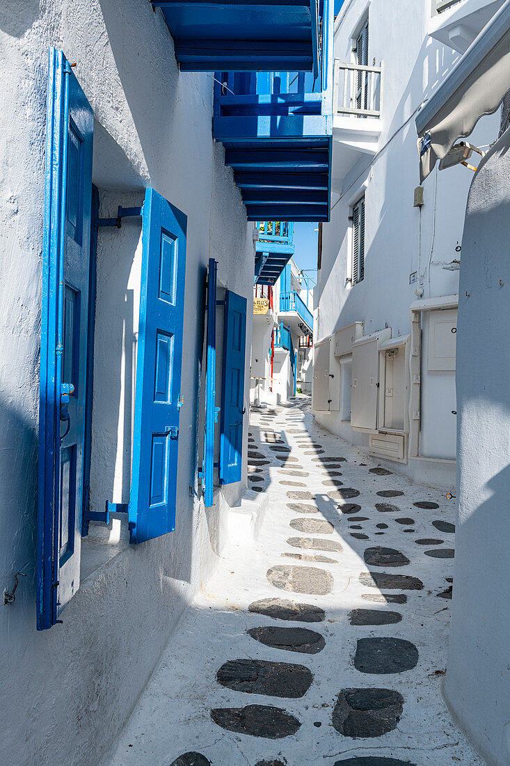 Die weiß getünchte Altstadt von Horta, Mykonos, Kykladen, griechischen Inseln, Griechenland, Europa