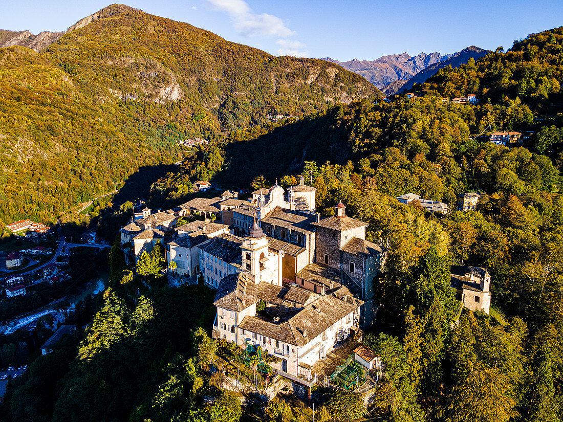 Aerial of Sacro Monte di Varallo, UNESCO World Heritage Site, Piedmont, Italy, Europe