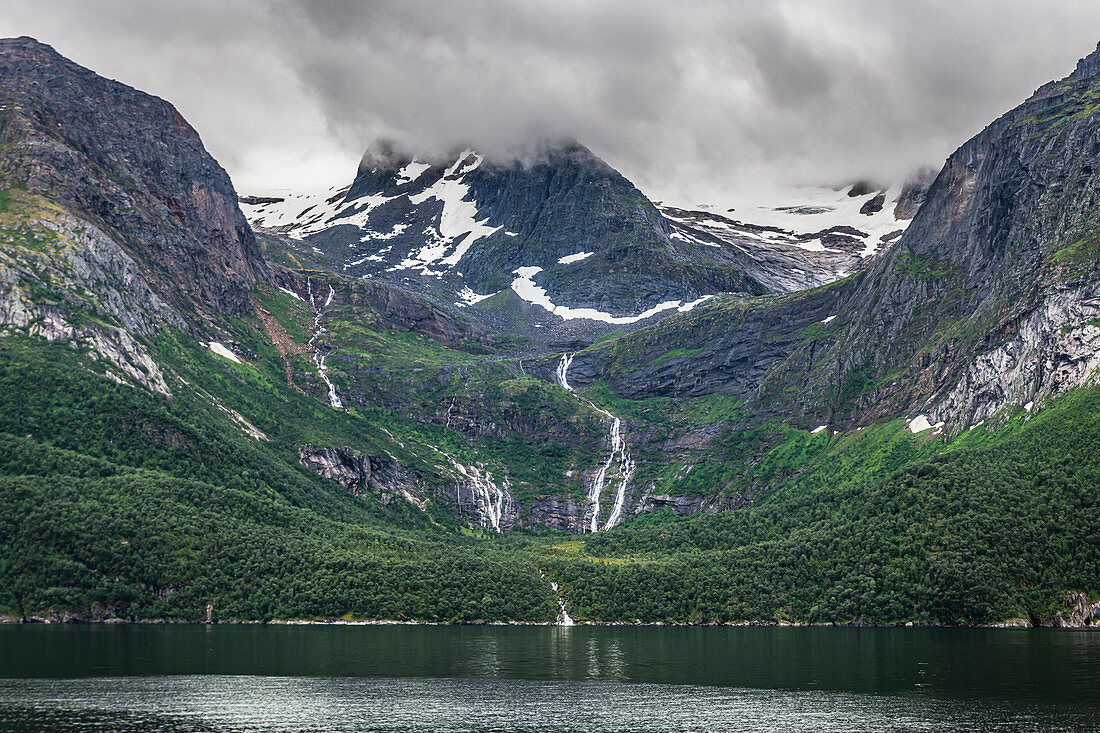 Rugged mountains around Svartisen glacier, Kystriksveien Coastal Road, Norway, Scandinavia, Europe