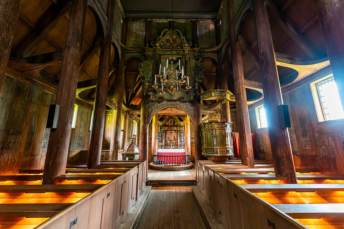 Interior of Kaupanger Stave Church, Kaupanger, Vestland, Norway, Scandinavia, Europe