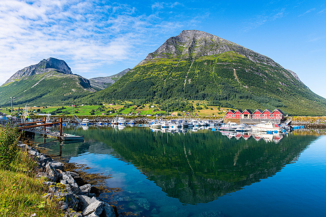 Mountain refelcted in the water, Kystriksveien Coastal Road, Norway, Scandinavia, Europe