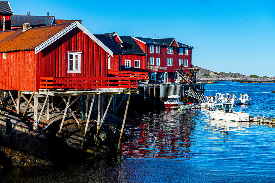 Typical red houses in the village of A, Lofoten, Nordland, Norway, Scandinavia, Europe