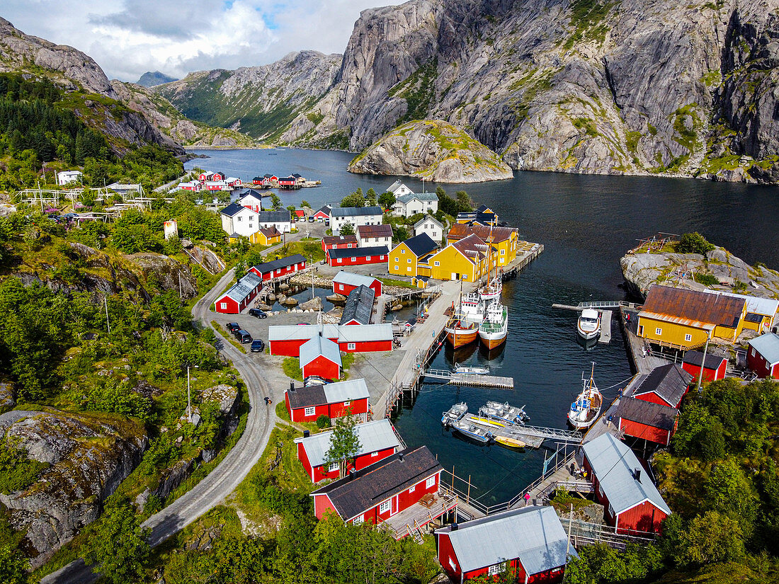 Aerial of the village of Nusfjord, Lofoten, Nordland, Norway, Scandinavia, Europe