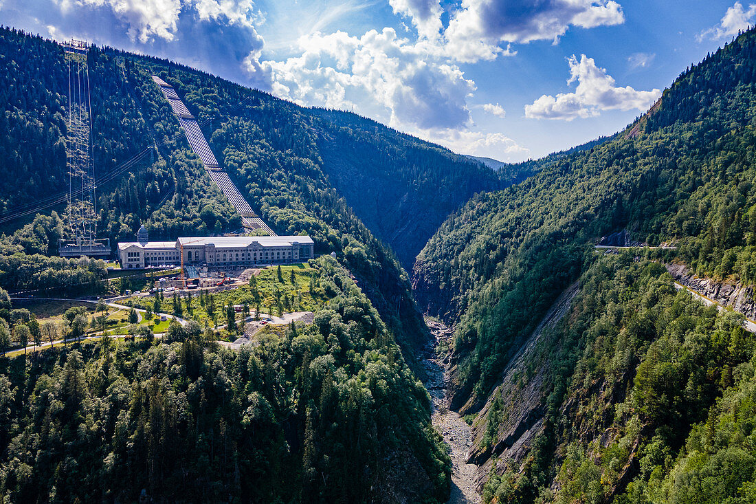 Aerial of the Hydroelectric power station, Rjukan-Notodden Industrial Heritage Site, UNESCO World Heritage Site, Vestfold and Telemark, Norway, Scandinavia, Europe