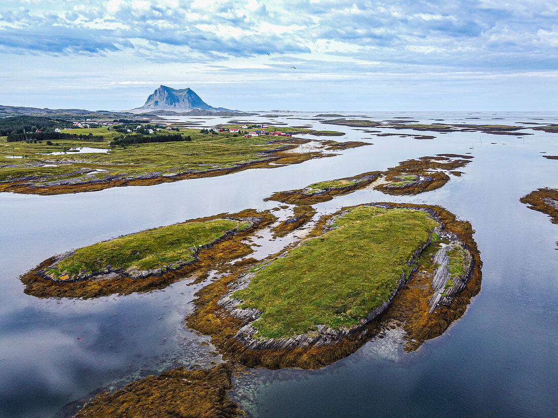 Aerial of the rugged coastline of the UNESCO World Heritage Site, the Vega Archipelago, Norway, Scandinavia, Europe