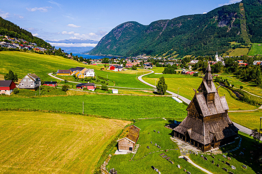 Aerial of the Hopperstad Stave Church, Vikoyri, Norway, Scandinavia, Europe