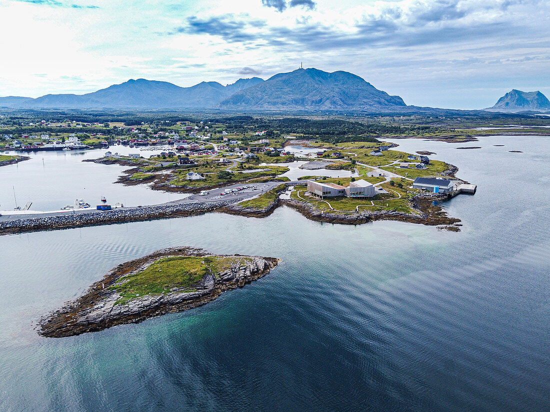 Aerial of the tourist information center, UNESCO World Heritage Site, the Vega Archipelago, Norway, Scandinavia, Europe