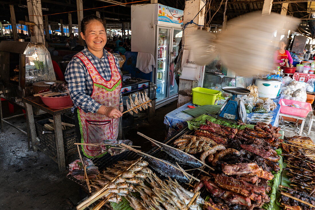 Freundliche Frau grillt Fleisch und Fisch in der Markthalle unter einem Ventilator mit Plastiktüte um Fliegen fernzuhalten, Houayxay (Huay Xai), Provinz Bokeo, Laos, Asien
