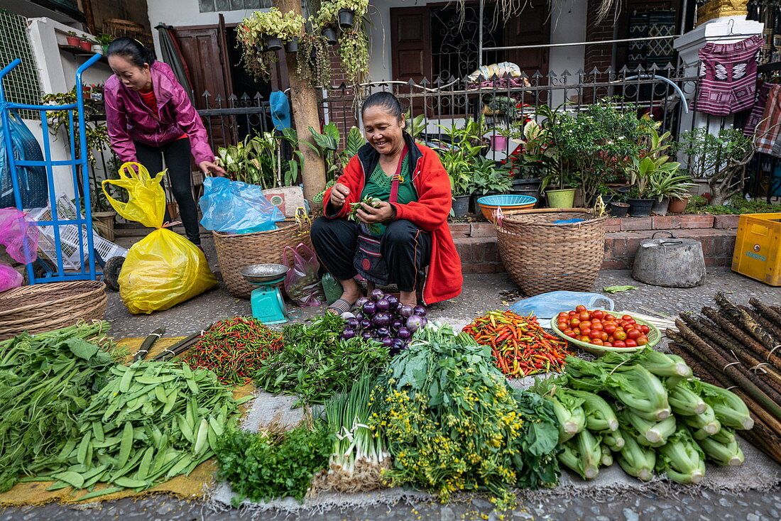 Frauen verkaufen Obst und Gemüse auf dem Morgenmarkt, Luang Prabang, Provinz Luang Prabang, Laos, Asien