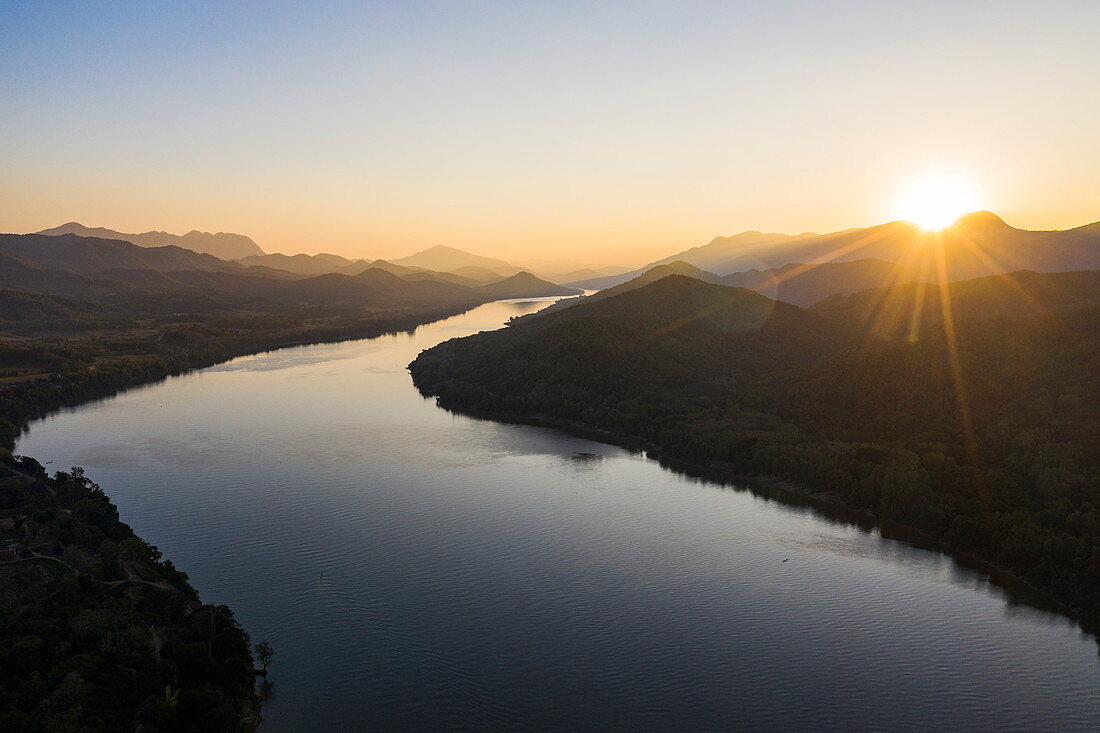 Aerial view of Mekong river with mountains at sunset, Ban Meung Kai, Luang Prabang Province, Laos, Asia