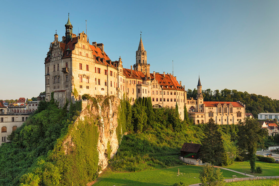 Sigmaringen Castle at sunset, Upper Danube Valley, Swabian Jura, Baden-Wurttemberg, Germany, Europe