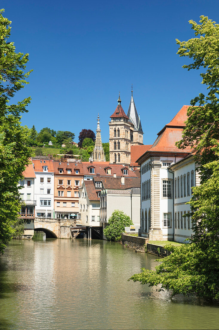 Rossneckarkanal chanel with St Dionys church, Esslingen, Baden-Wurttemberg, Germany, Europe