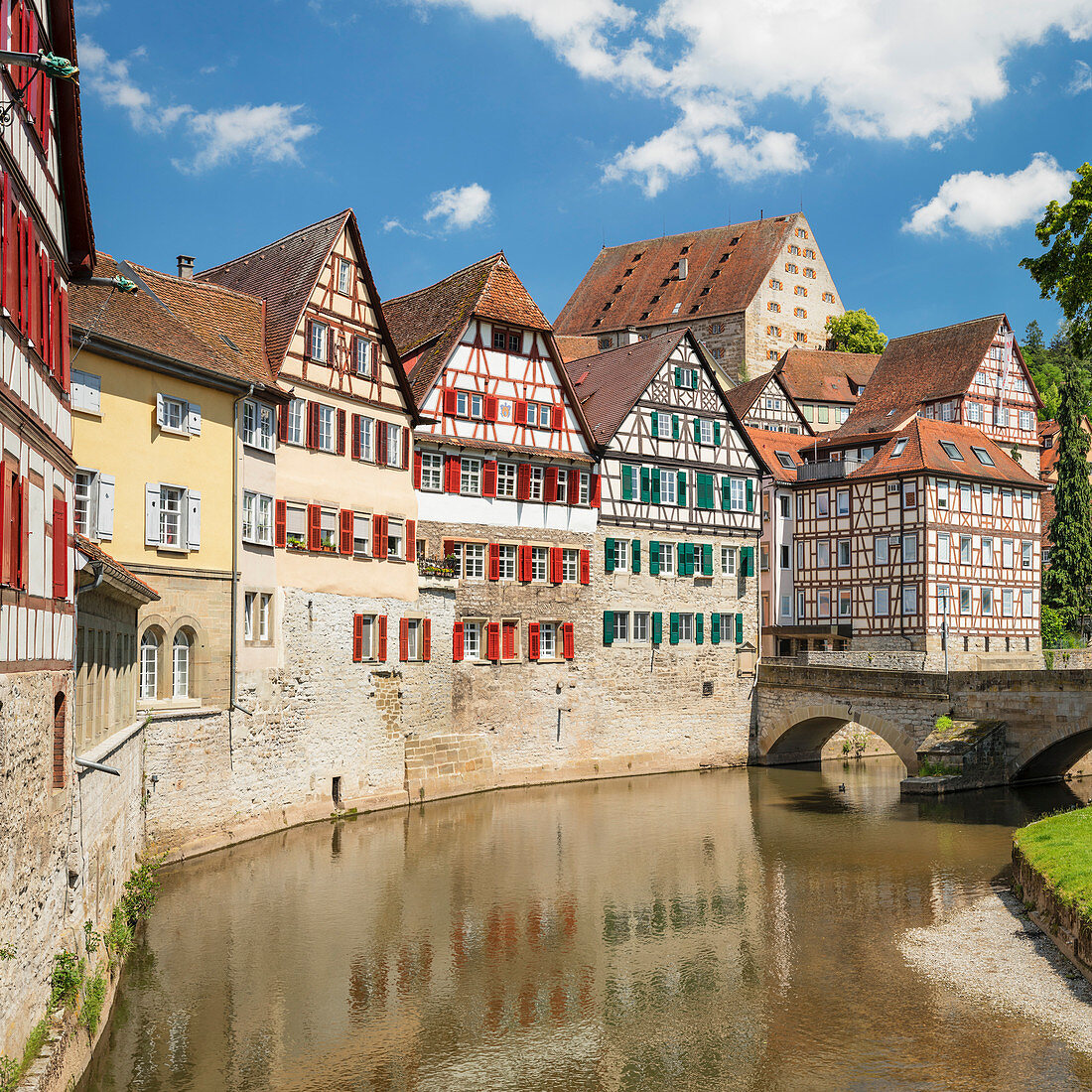 Half timbered houses in the old town, Schwaebisch Hall, Hohenlohe, Baden-Wurttemberg, Germany, Europe