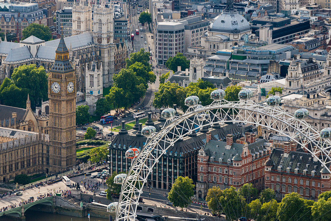 Die London Eye und Jubilee Gardens mit den Houses of Parliament in der Ferne, London, England, Großbritannien, Europa