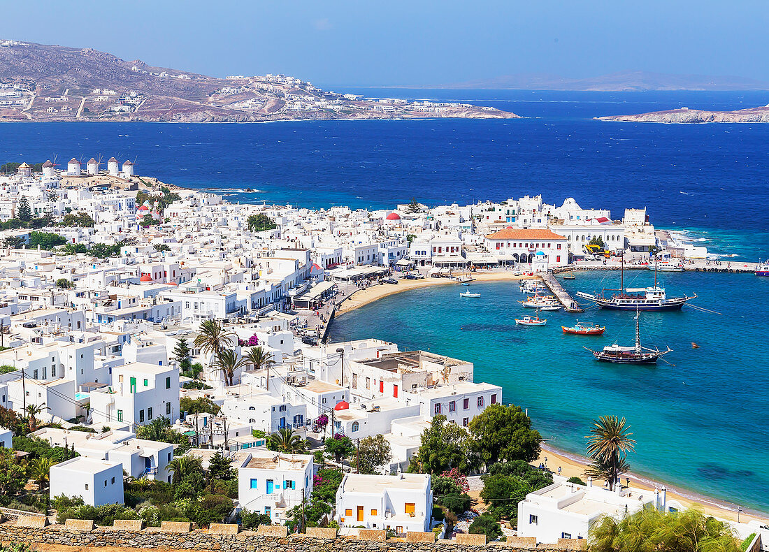 Mykonos Town and old harbour, elevated view, Mykonos, Cyclades Islands, Greek Islands, Greece, Europe