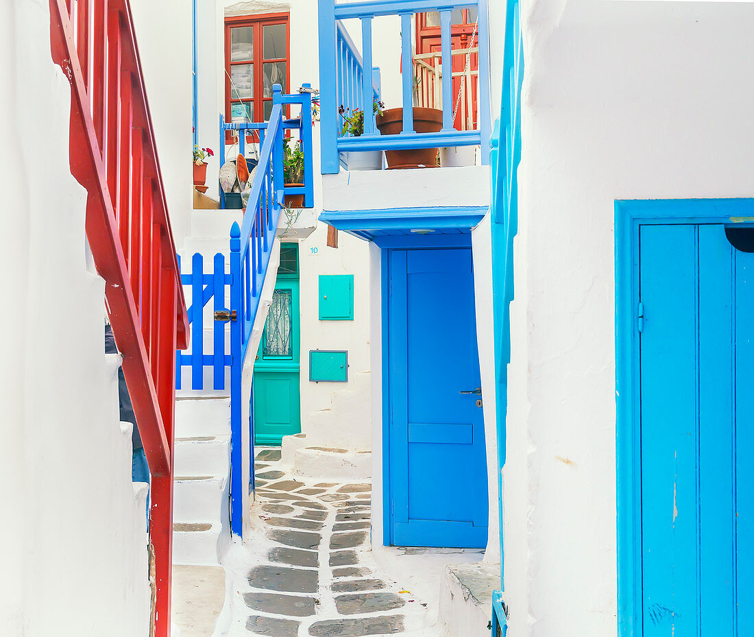Characteristic colourful staircases, Mykonos Town, Mykonos, Cyclades Islands, Greek Islands, Greece, Europe