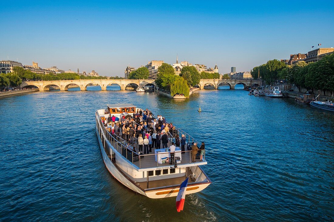 France, Paris, area listed as World Heritage by UNESCO, Ile de la Cite and a cruise ship