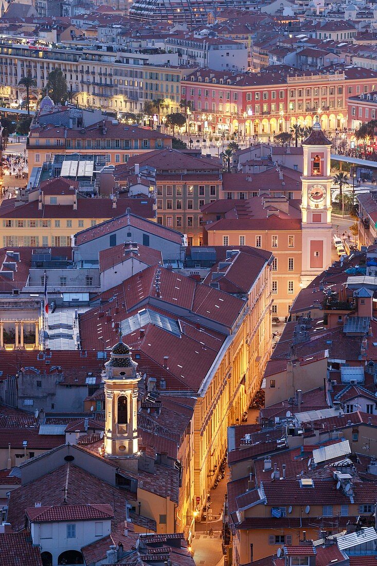 France, Alpes Maritimes, Nice, Old Nice district, steeple of the the Church of St Rita or Church of the Annunciation and the Clock Tower