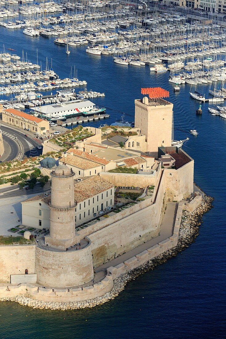 France, Bouches du Rhone, Marseille, 2nd district, Euromediterranee Zone, the Fort Saint Jean classified as a Historic Monument, the Garden of Migrations and the MuCEM, Museum of Civilizations of Europe and the Mediterranean R Ricciotti and R Carta architects, the old port (aerial view)