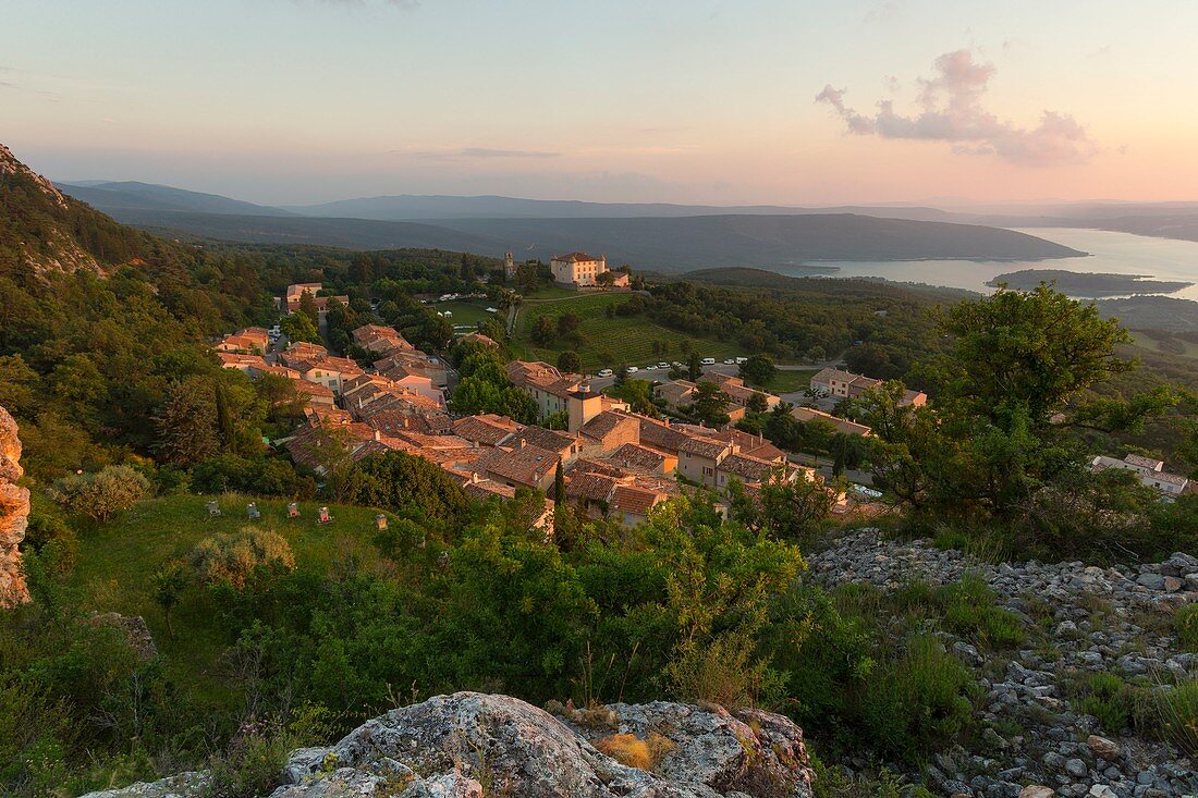 France, Var, Regional Natural Park of Verdon, Aiguines, the village, the castle, the lake of Ste Croix