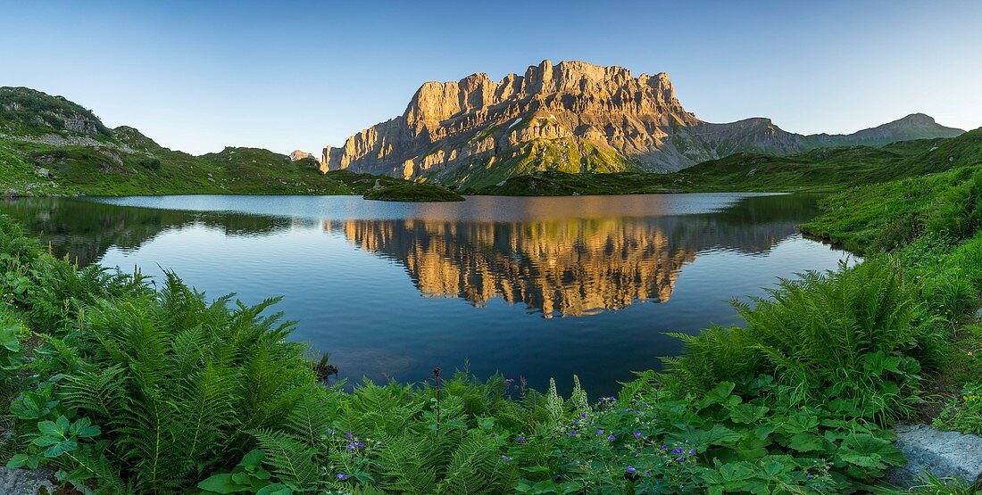 France, Haute-Savoie, Passy, Plaine Joux, reflection of the Rochers des Fiz in Lake Pormenaz (1970m)