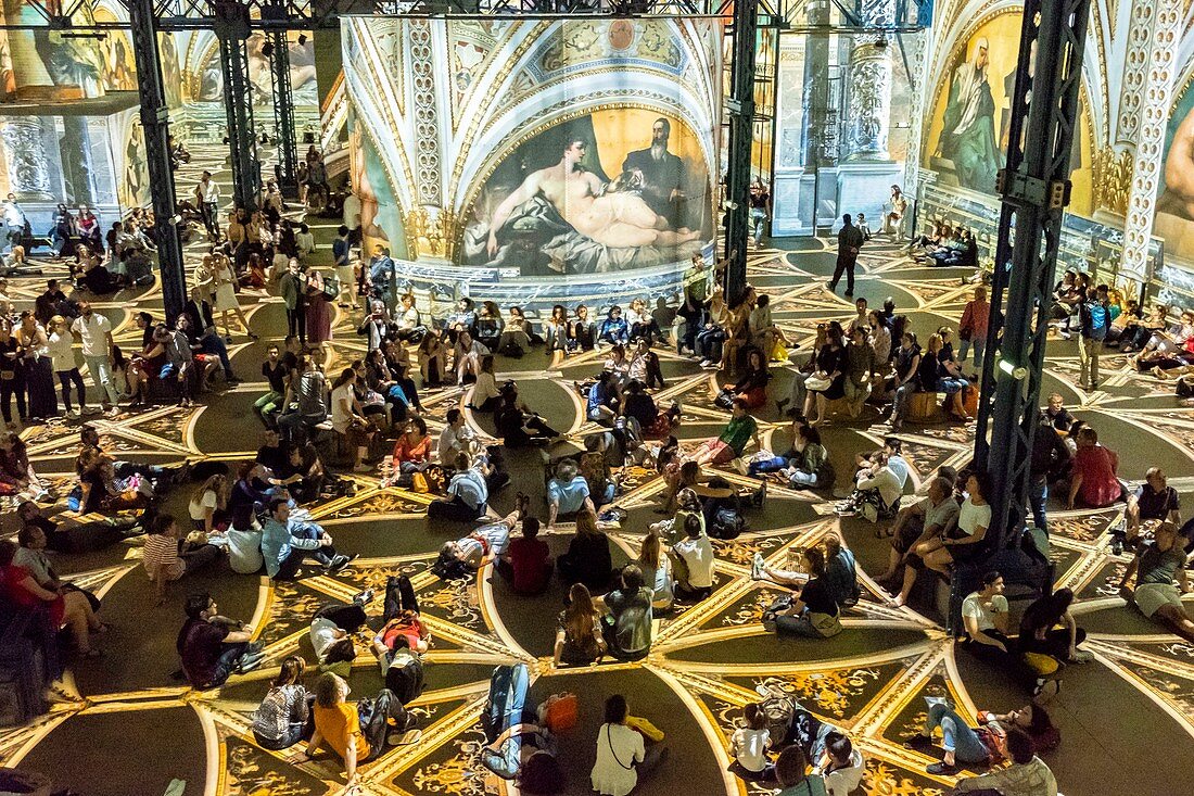 France, Paris, Atelier des Lumieres, play of light on Hundertwasser and Klimt, an achievement Gianfranco Iannuzzi, Renato Gatto, Massimiliano Siccardi