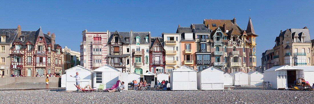 France, Somme, Mers les Bains, beach cabins and vertical seaside architecture villas