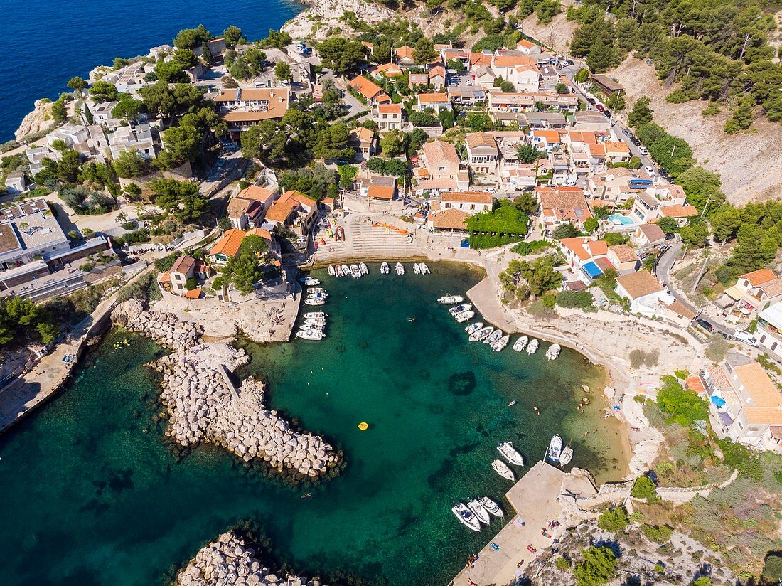 France, Bouches du Rhone, Le Rove, the blue coast, the cove of Niolon (aerial view)